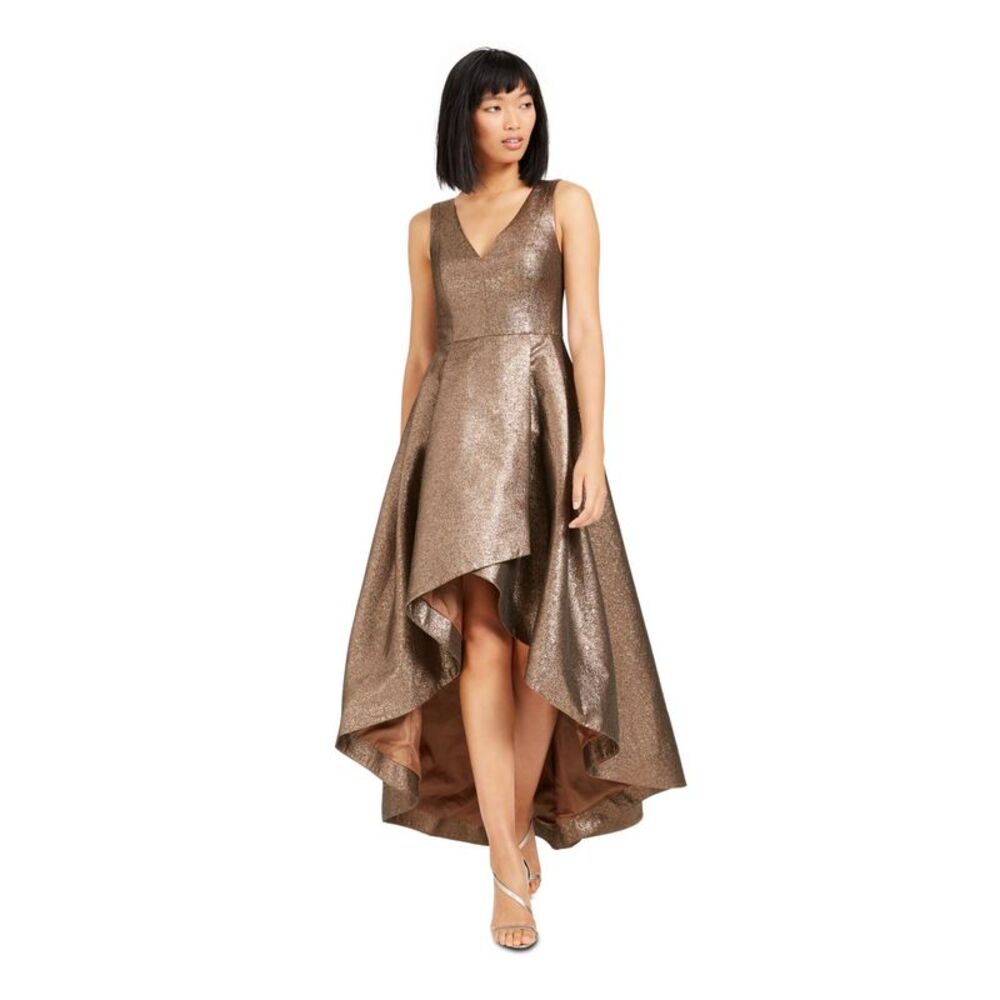 CALVIN KLEIN Womens Gold Sleeveless V Neck Formal Hi-Lo Dress 4